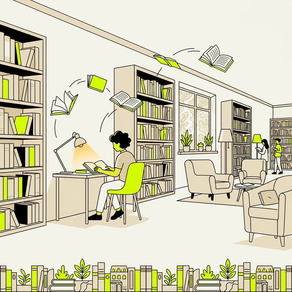 A cozy library reading room illustration