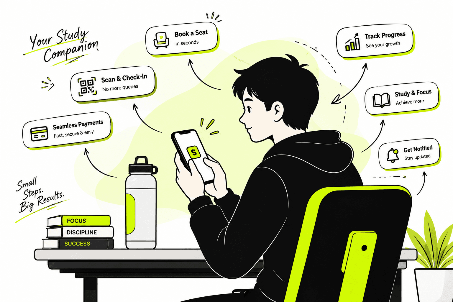 A student booking a seat and checking in with the StudyDesk app while studying