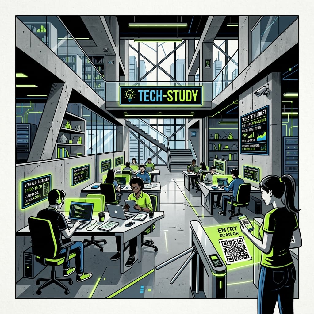 Illustration of a modern tech-enabled self-study library